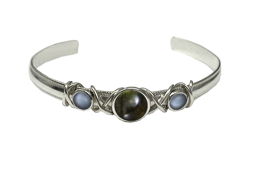 Sterling Silver Hand Made Cuff Bracelet With Spectrolite And Grey Moonstone